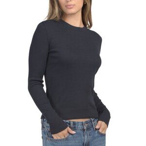 THEORY Deep Navy Pima Cotton Blend Tiny Ribbed Long Sleeve Sweater